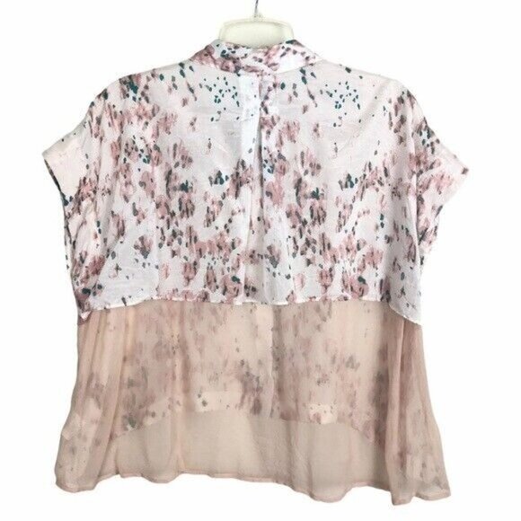 Poleci Silk And Cotton Cropped Blouse Pink Floral Collared Size 8 - Picture 3 of 6